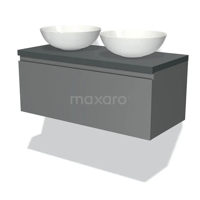 Badmöbel für Aufsatzwaschbecken 100cm Modulo Plato Mittelgrau 1 Schublade grifflos Dunkelgrau Platte BMK11-00374 Graue schwebende Badmöbelset mit doppelten weißen Waschbecken, modernes Design und nachhaltigen Materialien.