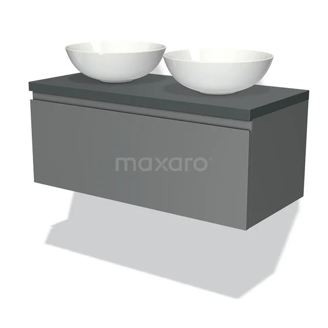 Graue schwebende Badmöbelset mit doppelten weißen Waschbecken, modernes Design und nachhaltigen Materialien.