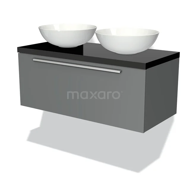 Badmöbel für Waschtischunterschrank mit Konsole 100cm Modulo Plato Mittelgrau 1 Schublade Flach Hochglanz Schwarz Platte BMK11-00375 Graue Badmöbelset mit zwei weißen Aufsatzwaschbecken, Hochglanzoberfläche und einer geräumigen Schublade für einen modernen Badezimmerstil.