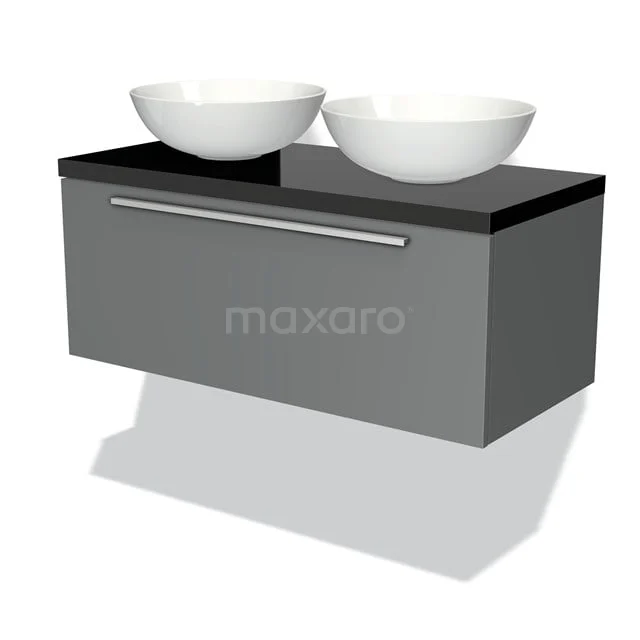 Graue Badmöbelset mit zwei weißen Aufsatzwaschbecken, Hochglanzoberfläche und einer geräumigen Schublade für einen modernen Badezimmerstil.