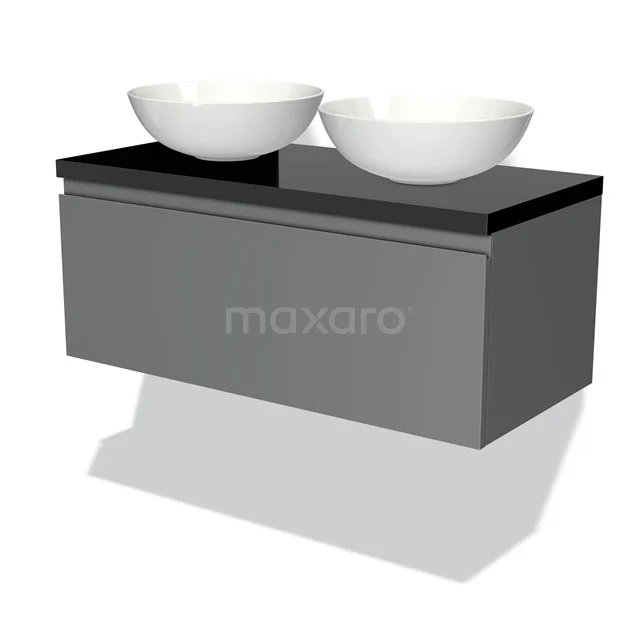 Graue Badmöbelset mit schwarzer Oberplatte und zwei runden weißen Waschbecken, modernes Design für stilvolle Bäder.
