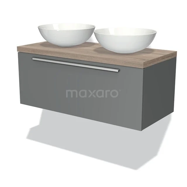 Graue wandhängende Badmöbelset mit Holzplatte und zwei weißen schalenförmigen Waschbecken, modernes Design.