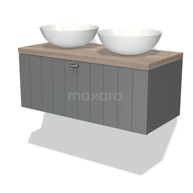 Badmöbel für Waschtischunterschrank mit Konsole 100cm Modulo Plato Mittelgrau 1 Schublade Lamelle Eiche Platte BMK11-00379 Antrazitgraues Badezimmermöbel mit Holzlook Platte, doppelte weiße Aufsatzwaschbecken und vertikale Linien, stilvolles und modernes Design.