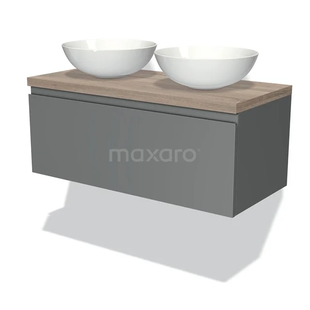 Badmöbel für Waschtischunterschrank mit Konsole 100cm Modulo Plato Mittelgrau 1 Schublade grifflos Eiche Platte BMK11-00380 Grauer schwebender Badschrank mit Holzlook Platte und zwei weißen Aufsatzwaschbecken, elegantes Design für moderne Bäder.