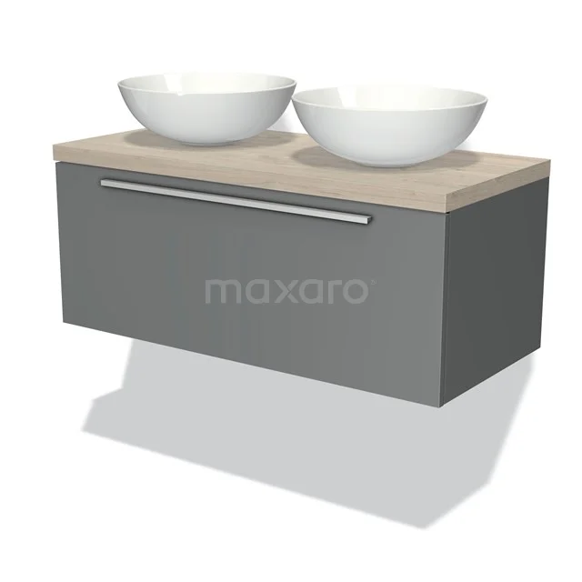 Graues hängendes Badmöbel mit Holzplatte und zwei runden weißen Waschbecken; modernes Design für stilvolle Bäder.