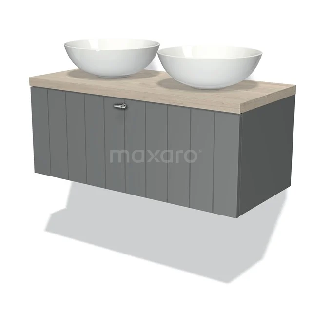 Graues wandmontage Badezimmermöbel mit Holzlook Platte, doppelte runde Aufsatzwaschbecken und modernen vertikalen Linien im Design.