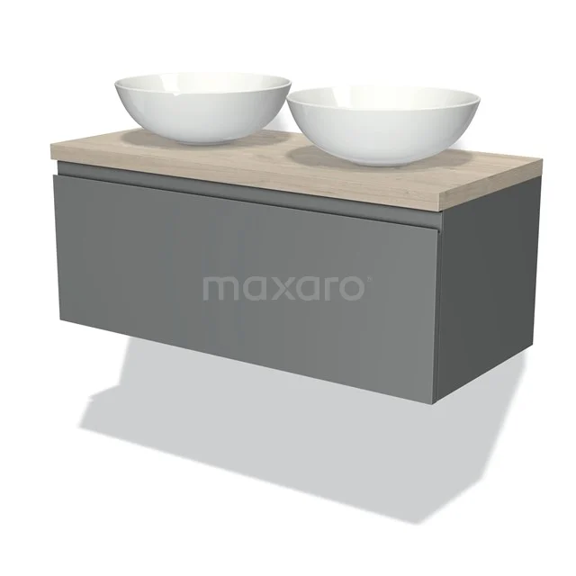 Badmöbel für Aufsatzwaschbecken 100cm Modulo Plato Mittelgrau 1 Schublade Grifflos Hellgraue Eiche Platte BMK11-00383 Graue schwebende Badmöbelset mit Holzplatte und zwei weißen Aufsatzwaschbecken, moderner Stil.