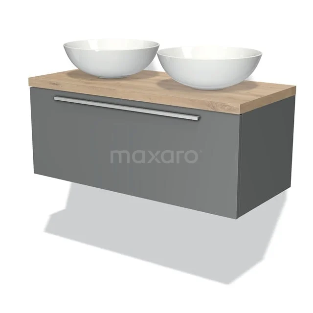 Graues Badezimmermöbel mit Holzplatte, zwei weißen Aufsatzwaschbecken und chromfarbener Haltegriff; elegantes Design für moderne Bäder.