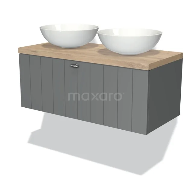 Modulo Plato Badmöbel mit Aufsatzwaschbecken | 100 cm Mittelgrau Lamelle front Hellbraune Eiche blatt 1 Schublade BMK11-00385 Grau Badmöbel mit Holzlook Platte, doppelte weiße Aufsatzwaschbecken, moderne Verarbeitung und vertikale Linien als Designakzent.