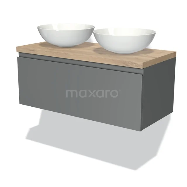 Graues schwebendes Waschtischmöbel mit Holzoptik Platte und zwei runden weißen Aufsatzwaschbecken, ideal für ein modernes Badezimmer.