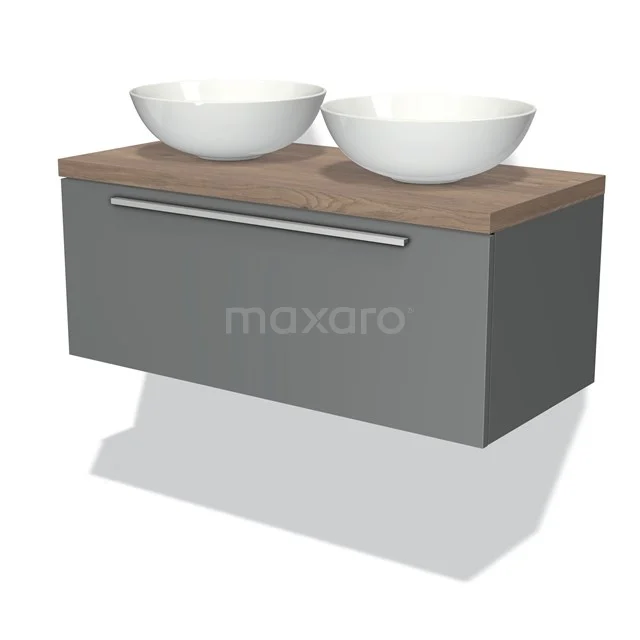 Graue Badmöbelset mit Holzplatte, zwei weißen Aufsatzwaschbecken und einer Schublade; stilvolles Badmöbel aus hochwertigem Material.