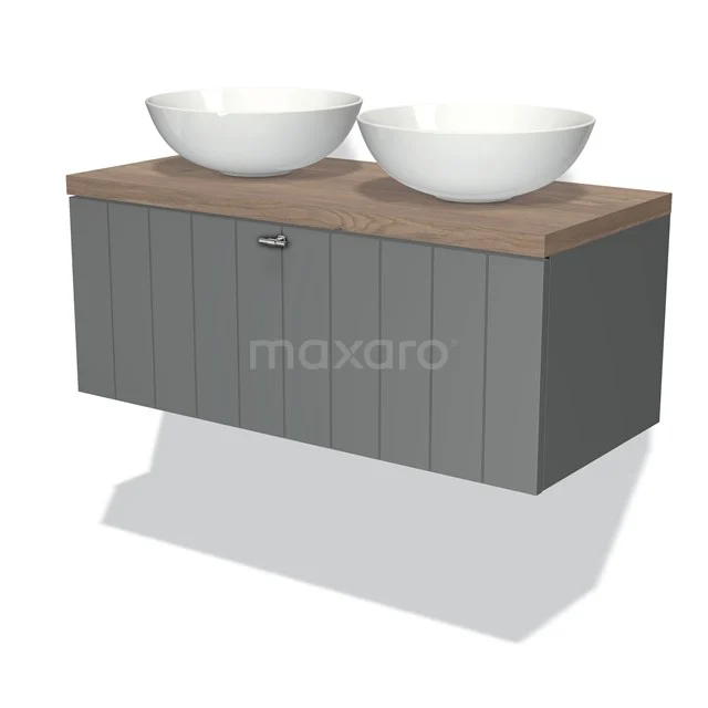 Badmöbel für Aufsatzwaschbecken 100cm Modulo Plato Mittelgrau 1 Schublade Lamelle Mittelbraune Eiche Platte BMK11-00388 Graues Holz-Badmöbel mit doppelten runden Waschbecken und einem hellbraunen Regal aus der modernen Oak-Serie.