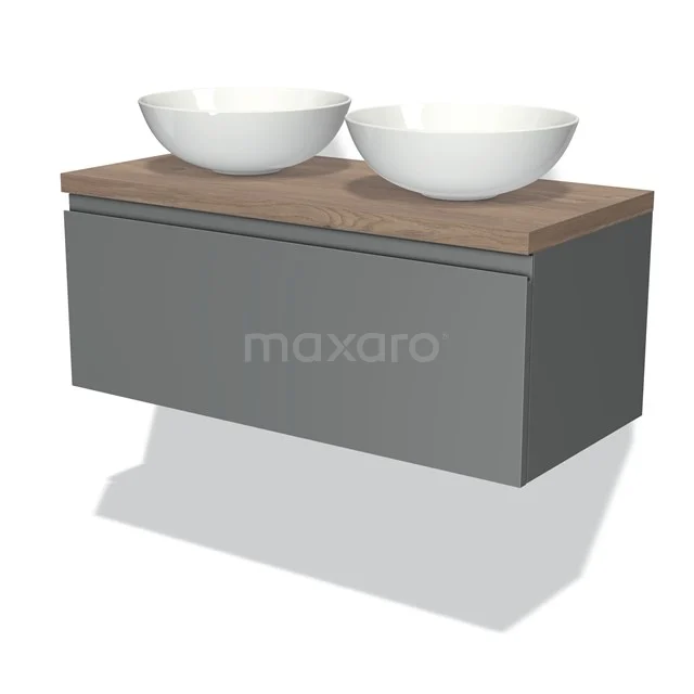 Graue Badmöbelset mit Holzlook Platte und doppelten weißen Aufsatzwaschbecken, modernes Design für stilvolle Badezimmer Einrichtung.