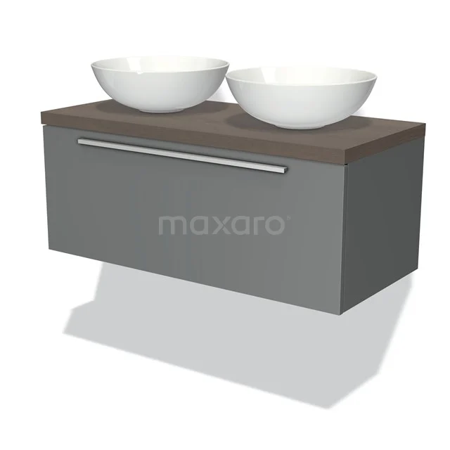 Modulo Plato Badmöbel mit Aufsatzwaschbecken | 100 cm Mittelgrau Flach front Dunkelbraune Eiche blatt 1 Schublade BMK11-00390 Graues hängendes Badmöbel mit Holzplatte und zwei weißen Aufsatzwaschbecken; modernes Design für stilvolle Bäder.