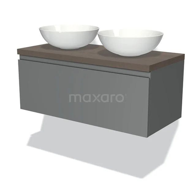 Grau hängendes Badmöbel mit Holzplatte und doppelten runden Aufsatzwaschbecken, modernes Design, ideal für einen klaren Badezimmerstil.