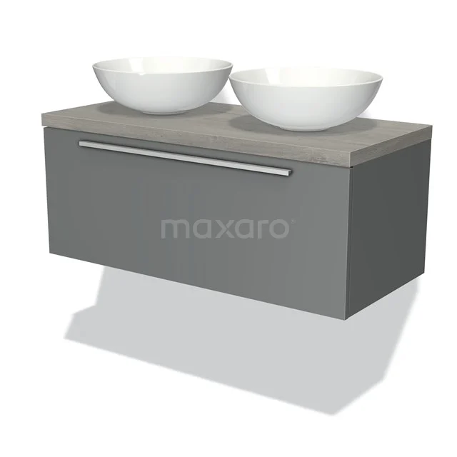 Badmöbel für Aufsatzwaschbecken 100cm Modulo Plato Mittelgrau 1 Schublade Flach Graue Eiche Platte BMK11-00393 Graues Holz-Badmöbel mit doppelten weißen Aufsatzwaschbecken und silberfarbener Haltegriff, ideal für moderne Bäder.