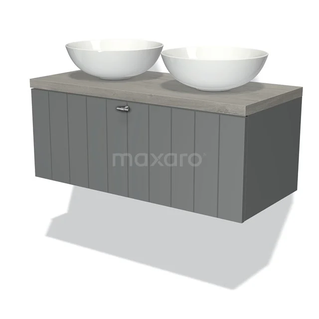 Grau hängendes Badmöbel mit Holzoptik, zwei weiße runde Aufsatzwaschbecken, modernes Design für stilvolle Bäder.