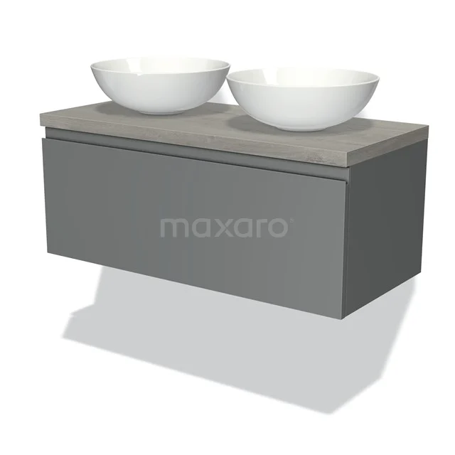 Graues Waschtischmöbel mit doppelten weißen Aufsatzwaschbecken, modernes Design für ein stilvolles Badezimmer.