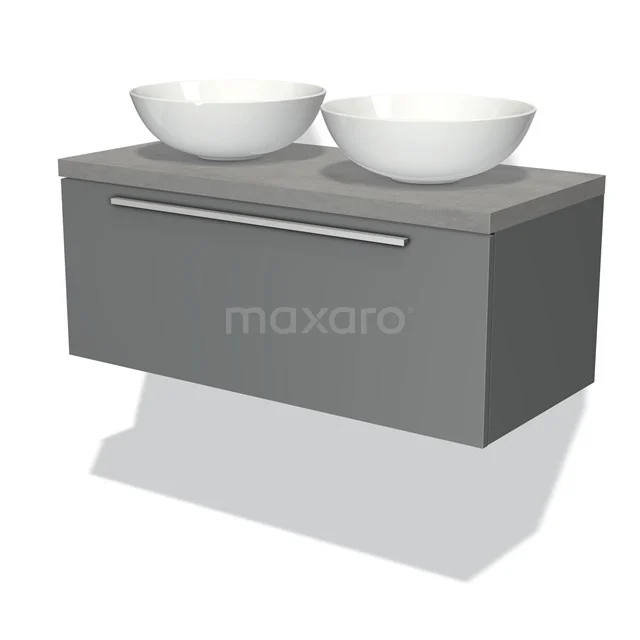 Graues Doppelwaschtischmöbel mit weißen runden Aufsatzwaschbecken, modernes Design, ideal für ein stilvolles Badezimmer.