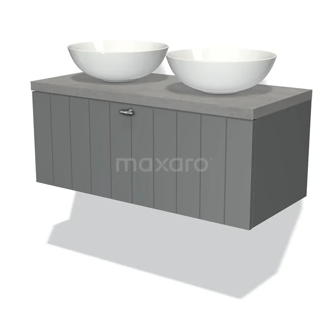 Grijze hangende badkamermeubel met twee witte waskommen, houtlook en moderne afwerking. Perfect voor een stijlvolle badkamer.