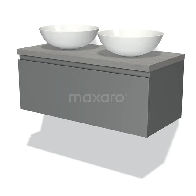 Modulo Plato Badmöbel mit Aufsatzwaschbecken | 100 cm Mittelgrau Grifflos front Hellgrauer Beton blatt 1 Schublade BMK11-00398 Graue Holz-Badmöbelset mit zwei weißen ovalen Aufsatzwaschbecken, modernes Design, perfekt für ein stilvolles Badezimmer.