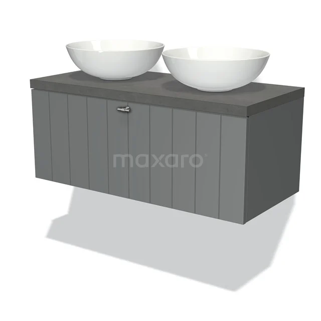 Badmöbel für Waschtischunterschrank mit Konsole 100cm Modulo Plato Mittelgrau 1 Schubladenlatte Dunkelgrauer Beton Platte BMK11-00400 Grau Badmöbel mit doppelten weißen Aufsatzwaschbecken, Holzlook-Oberfläche und stilvollem Stauraum.