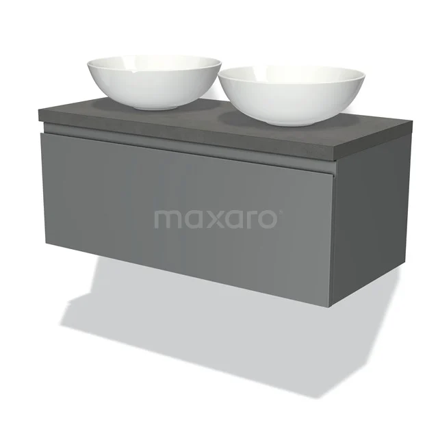 Graue schwebende Badmöbelset mit doppeltem keramischen Aufsatzwaschbecken, minimalistisches Design und sauber verarbeiteten Schubladen.
