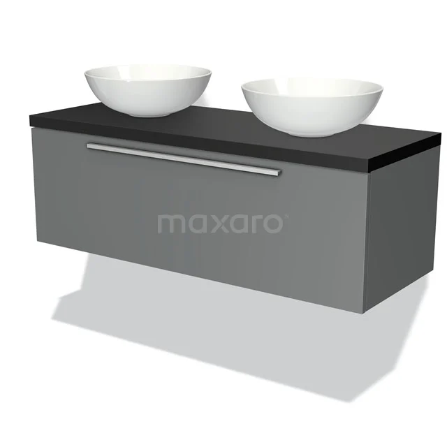 Modulo Plato Vanity units for countertop basin | 120 cm Mid grey Flat front Matte black worktop 1 drawer BMK11-00402 Grey bathroom furniture set with matt black top and two white countertop wash basins, modern design.