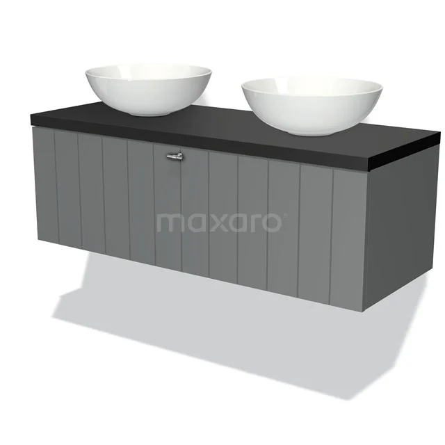 Grey hanging bathroom cabinet with double basin, sleek design, black top and modern look.