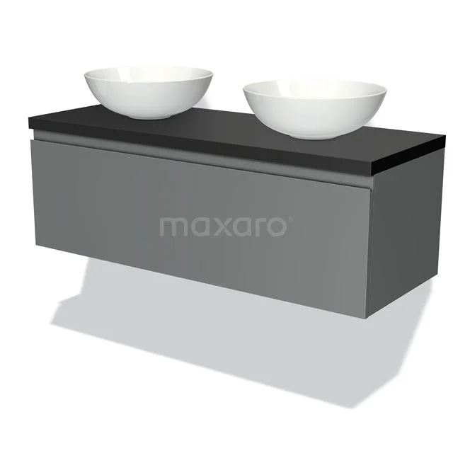 Graue schwebende Badmöbelset mit schwarzer Platte und weißem doppelten Aufsatzwaschbecken, modernes Design für das Badezimmer.