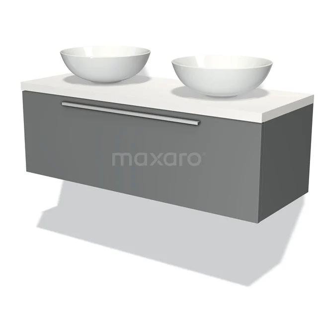 Grey floating bathroom furniture set with double basin in white and sleek metal Handle, perfect for a modern bathroom.
