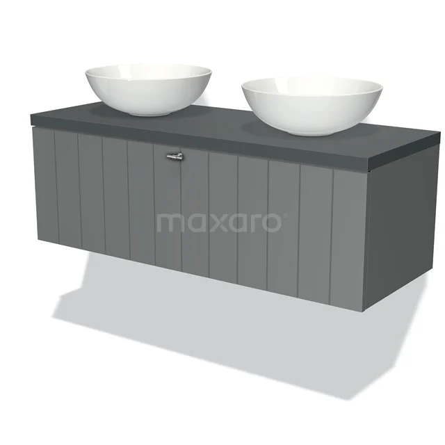 Grey double vanity unit with wood-look top and two white ceramic countertop wash basins; modern bathroom design.
