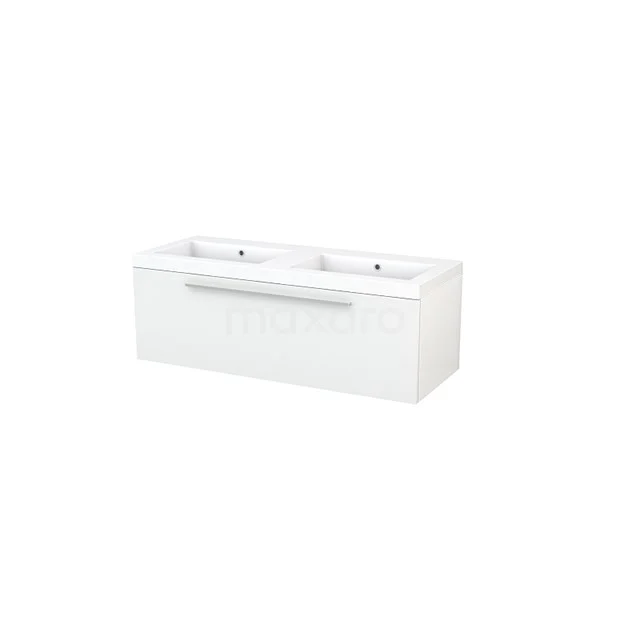 White vanity units with basin, modern rectangular shape, sleek design and metal handle.