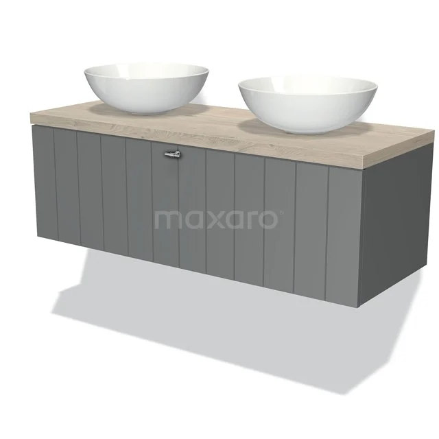 Graues Badezimmermöbel mit Holzlook Platte und zwei weißen Aufsatzwaschbecken, modernes Design für stilvolle Bäder.