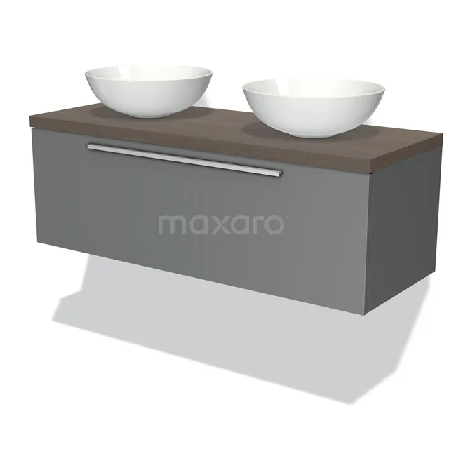 Modulo Plato Vanity units for countertop basin | 120 cm Mid grey Flat front Dark brown oak worktop 1 drawer BMK11-00429 Grey bathroom furniture set with double white basin bowls, wooden worktop and sleek design; stylish storage solution for the bathroom.