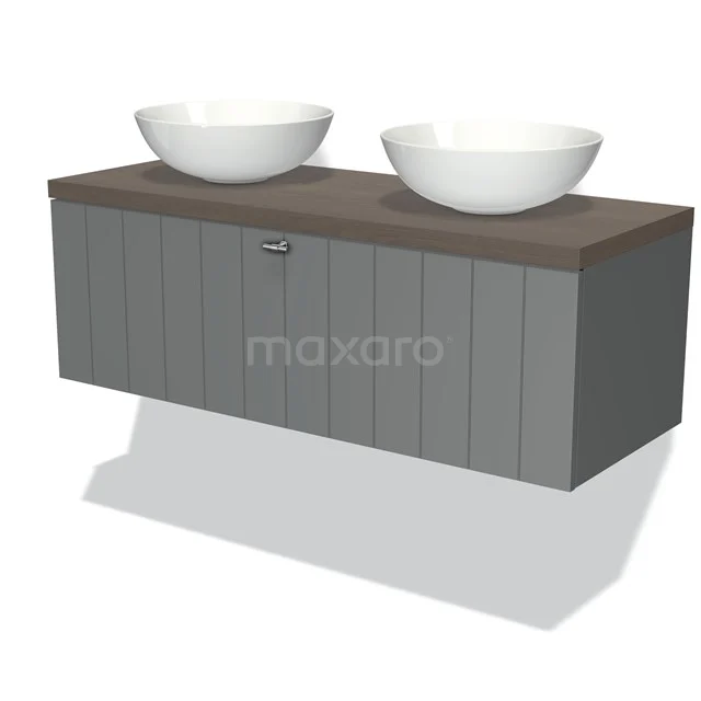 Modulo Plato Vanity units for countertop basin | 120 cm Mid grey Slat front Dark brown oak worktop 1 drawer BMK11-00430 Grey hanging bathroom unit with wood-look worktop and two white bowl-shaped sinks, modern design.