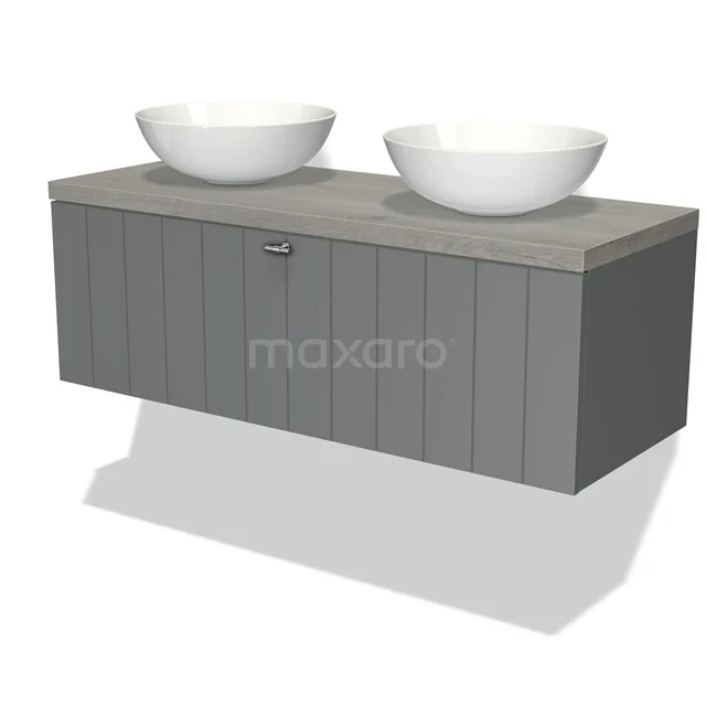 Modulo Plato Badmöbel mit Aufsatzwaschbecken | 120 cm Mittelgrau Lamelle front Graue Eiche blatt 1 Schublade BMK11-00433 Graues Badezimmermöbel mit Holzoptik, Doppelwaschbecken und modernem Design. Perfekt für eine stilvolle Badezimmer Einrichtung.