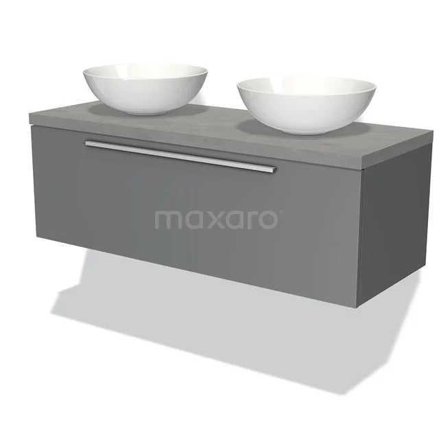 Grey bathroom furniture set with two white porcelain countertop wash basins, floating design and sleek chrome handle.