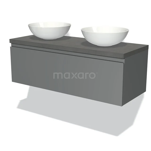 Grey hanging bathroom cabinet with two round basins in white, sleek design, ideal for modern bathrooms.