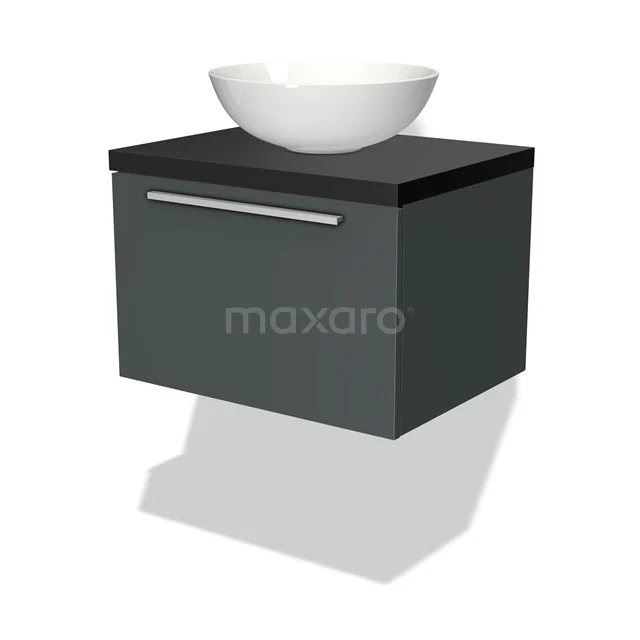 Dunkelgrauer schwebender Badschrank mit weißem keramischen Aufsatzwaschbecken, schlankem Design und metallischem Haltegriff für moderne Bäder.