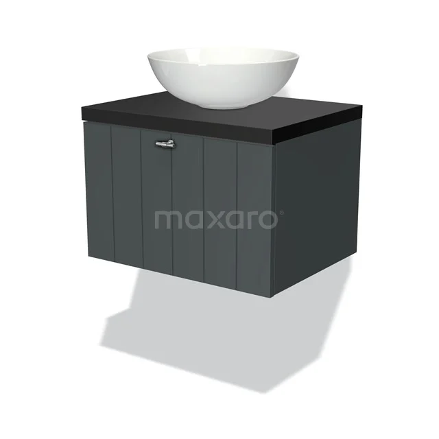 Graues hängendes Waschtisch mit schwarzer Platte und rundem weißen Aufsatzwaschbecken, ideal als stilvolles Badezimmermöbel.