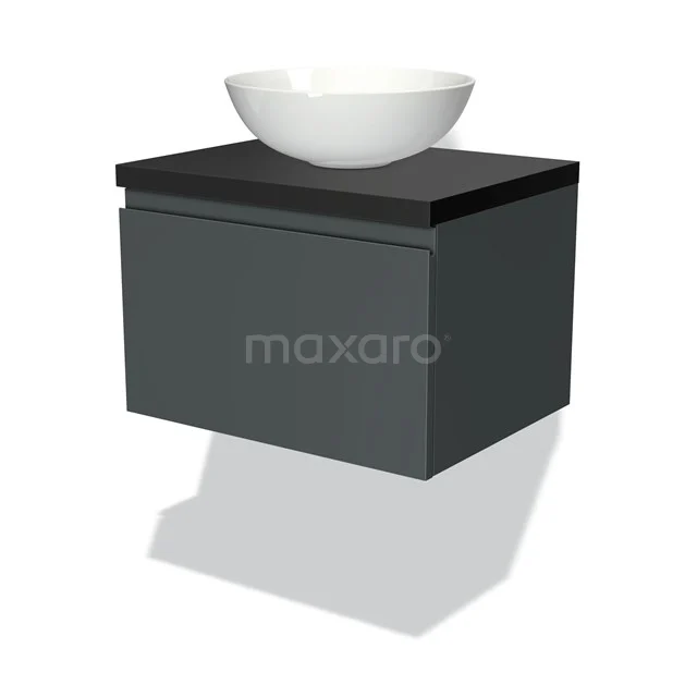 Badmöbel für Aufsatzwaschbecken 60cm Modulo Plato Dunkelgrau 1 Schublade grifflos Matt Schwarz Platte BMK11-00755 Dunkelgrauer schwebender Badschrank mit schwarzer Oberseite und weißem schalenförmigen Waschbecken, minimalistisches Design.