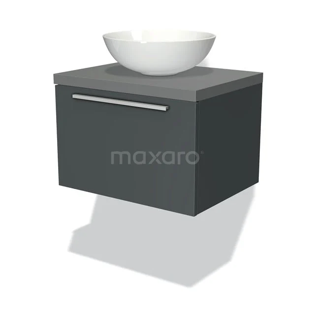 Dunkelgrau schwebendes Badezimmermöbel mit einem weißen rundes Waschbecken, modernes Design und metallischer Haltegriff.