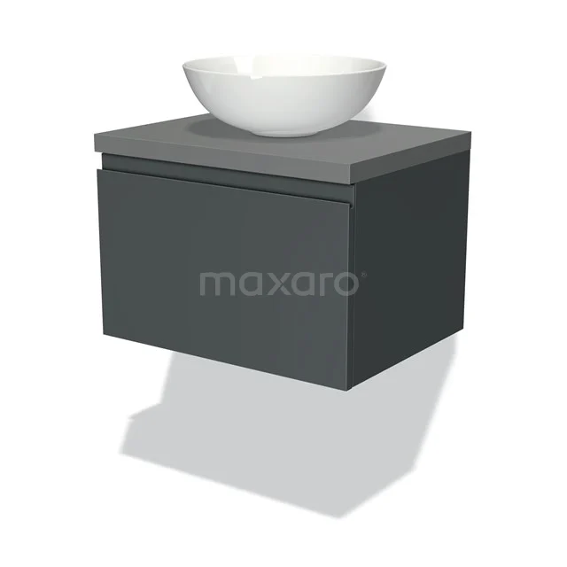 Dunkelgraue schwebende Badmöbelset mit keramischem runden Aufsatzwaschbecken, modernes Design und sauber verarbeitet mit matter Oberfläche.