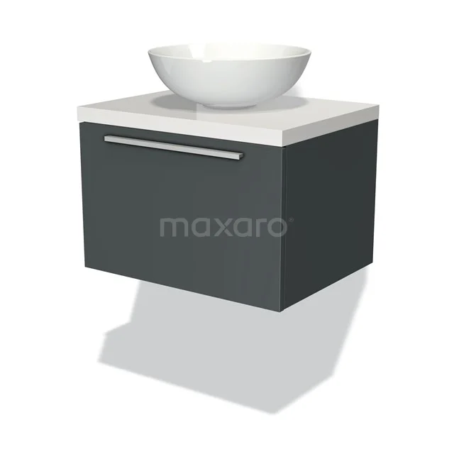 Grau hängendes Badmöbel mit weißem rundem Waschbecken, Soft-Close-Schublade und modernem Design. Perfekt für kompakte Bäder.