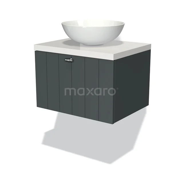 Modulo Plato Badmöbel mit Aufsatzwaschbecken | 60 cm Dunkelgrau Lamelle front Hochglanz Weiß blatt 1 Schublade BMK11-00760 Waschtisch Holzoptik Anthrazit, mit weißem keramischen Aufsatzwaschbecken, Wandmontage; stilvoll und modern für jedes Badezimmer.