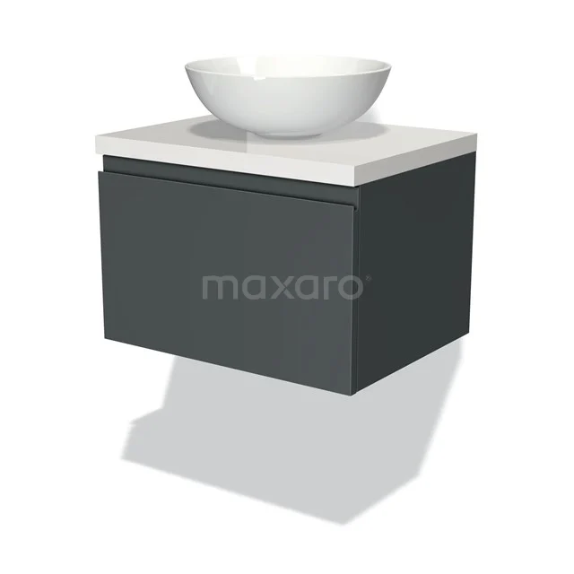 Modulo Plato Badmöbel mit Aufsatzwaschbecken | 60 cm Dunkelgrau Grifflos front Hochglanz Weiß blatt 1 Schublade BMK11-00761 Dunkelgraue hängende Badmöbelset mit keramischem Aufsatzwaschbecken und weißer Oberplatte, modernes Design und schwebendes Modell.