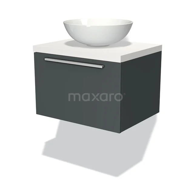 Dunkelgraue Badmöbelset mit weißem Aufsatzwaschbecken, hängend, modernes Design, ausgestattet mit einem schlanken Metall-Haltegriff.