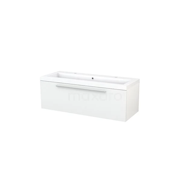 White rectangular bathroom vanity unit with integrated porcelain sink and silver handle.