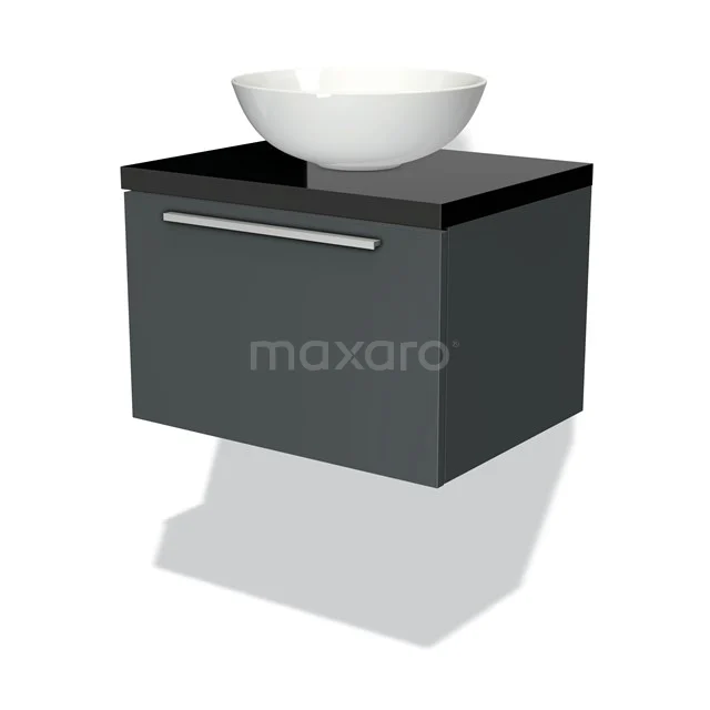 Badmöbel für Waschtischunterschrank mit Konsole 60cm Modulo Plato Dunkelgrau 1 Schublade Flach Hochglanz Schwarz Platte BMK11-00765 Dunkelgrauer Waschbeckenunterschrank mit schwarzer Oberplatte und runder weißer Aufsatzwaschbecken, ideal für moderne Bäder.